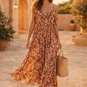 Blushing Heart Floral Maxi Dress M Rust Ruffle Spag Strap Boho Summer NWT
